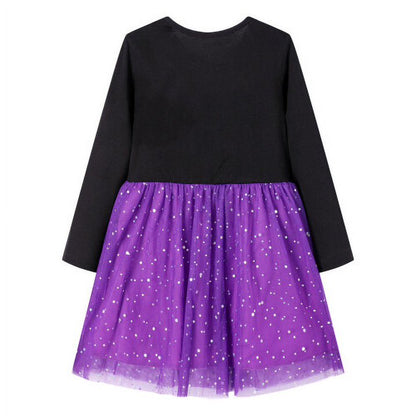 HILEELANG Toddler Girl Hallowen 2-8years old Dress Novelty Long Sleeve Black Cat Applique Purple Tulle Tutu Outfits With Witch Hat