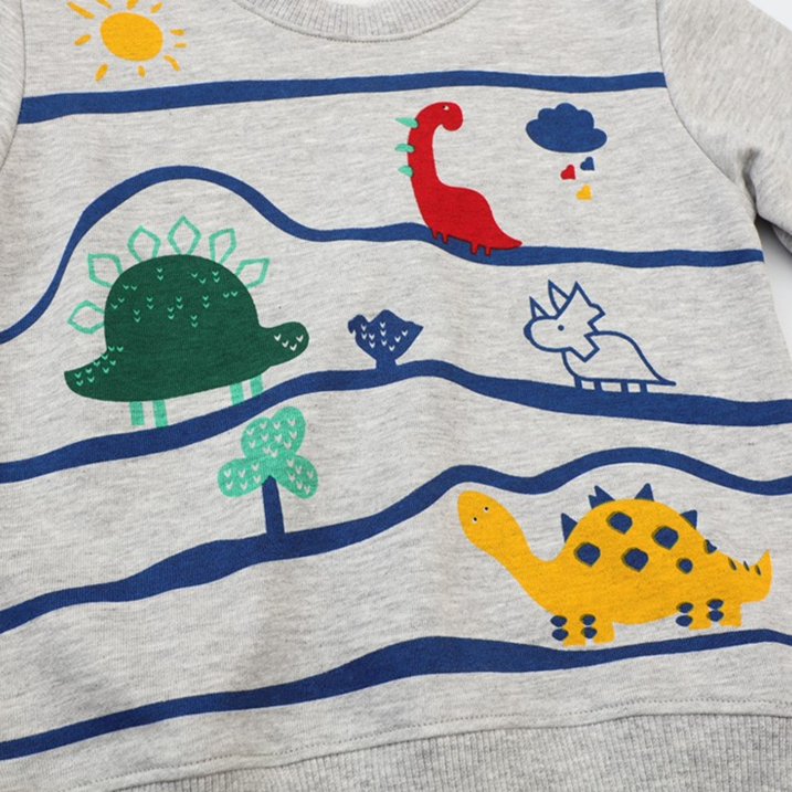 HILEELANG Toddler Boy Sweatshirts Grey Blue Stripe Dinosaur Crewneck Pullover Cotton Autumn Top Clothes