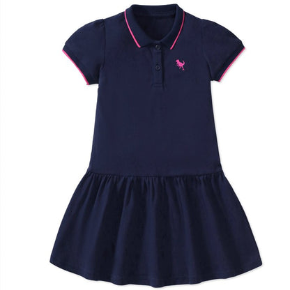 HILEELANG Toddler Little Girls 2 Pack Polo Dresses, Short Sleeve Casual School Day Dress Set, Navy and Unicorn Print