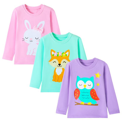 HILEELANG Toddler Girls Long Sleeve T Shirts 3 Pack – 100% Cotton Casaul Pink Blue Purple Bunny Fox Owl Cute Graphic Tees for Fall Winter Everyday Layering & Play