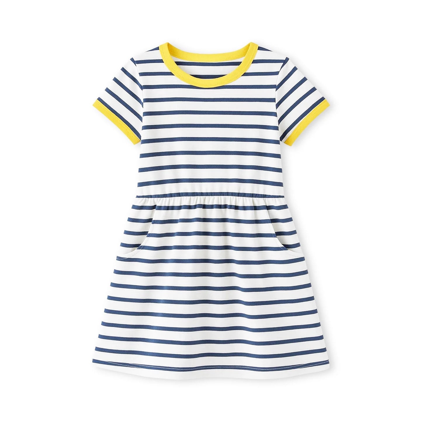 HILEELANG 2-8 Toddler Girls Navy White Stripe Yellow Trim Summer Play Dress