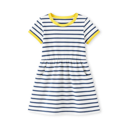 HILEELANG 2-8 Toddler Girls Navy White Stripe Yellow Trim Summer Play Dress