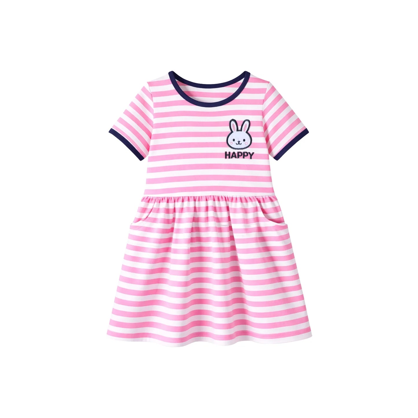 HILEELANG 2-8 Toddler Girls Pink White Stripe Bunny Summer Play Dress