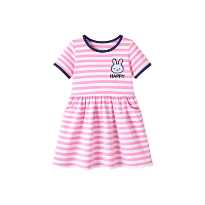 HILEELANG 2-8 Toddler Girls Pink White Stripe Bunny Summer Play Dress