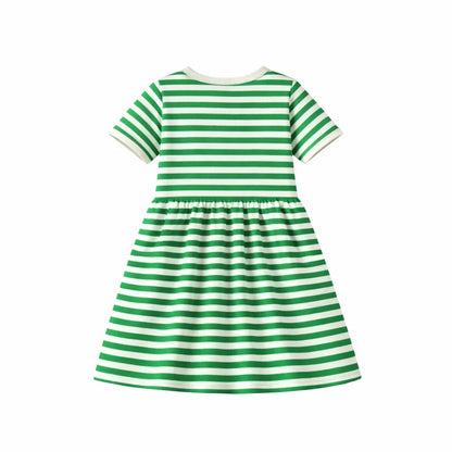 HILEELANG 2-8 Toddler Girls Green White Stripe Bunny Summer Play Dress