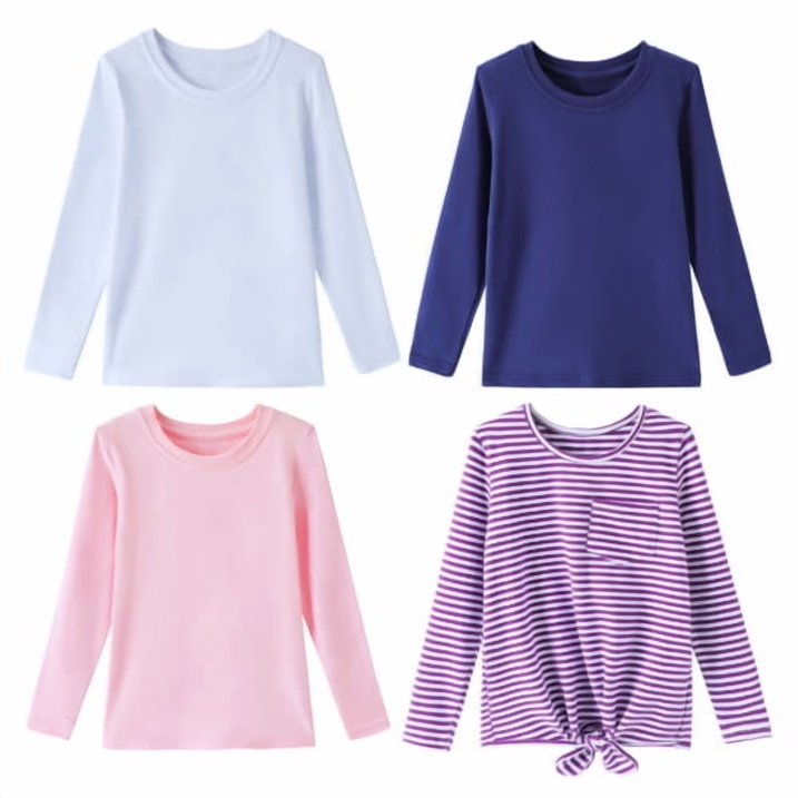 HILEELANG Girls 100% Cotton Long Sleeve T-Shirt 4-Pack, Purple Stripe Navy Pink White, Casual Everyday Tops