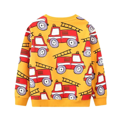 HILEELANG Toddler Boy Long Sleeve Sweatshirts Yellow Vehicles Printed Crewneck Pullover Cotton Top Sweater Shirts