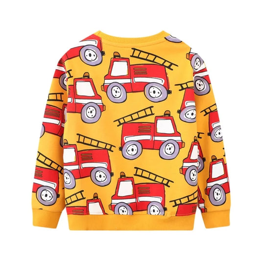 HILEELANG Toddler Boy Long Sleeve Sweatshirts Yellow Vehicles Printed Crewneck Pullover Cotton Top Sweater Shirts
