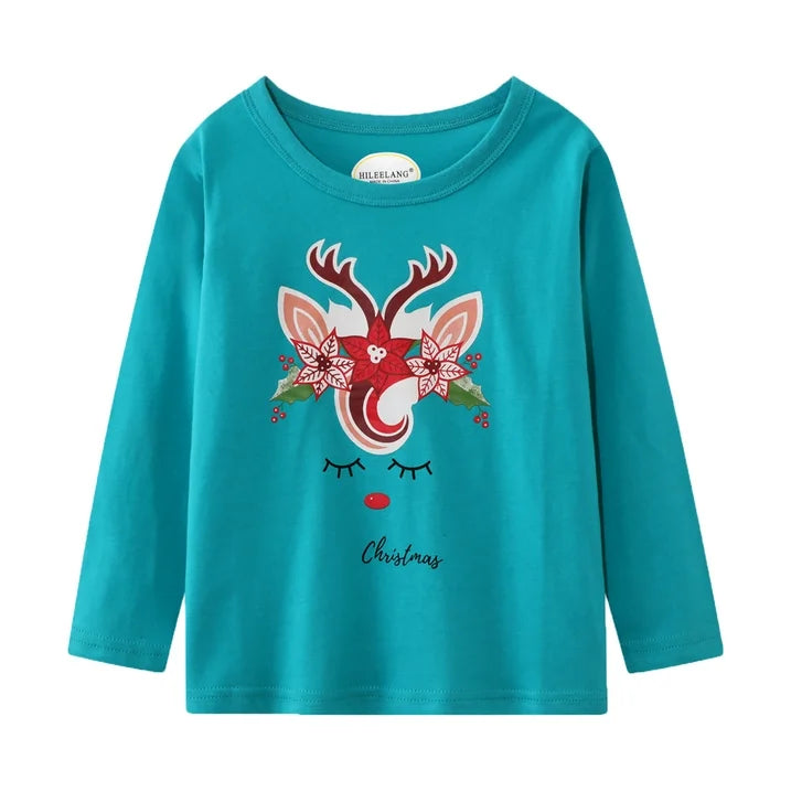 Toddler Girl Long Sleeve Shirts Christmas Pink Green Elk Purple Rainbow Cotton Casual Crewneck Jersey Tunic T-Shirts 3 Packs