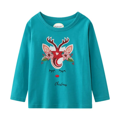 Toddler Girl Long Sleeve Shirts Christmas Pink Green Elk Purple Rainbow Cotton Casual Crewneck Jersey Tunic T-Shirts 3 Packs