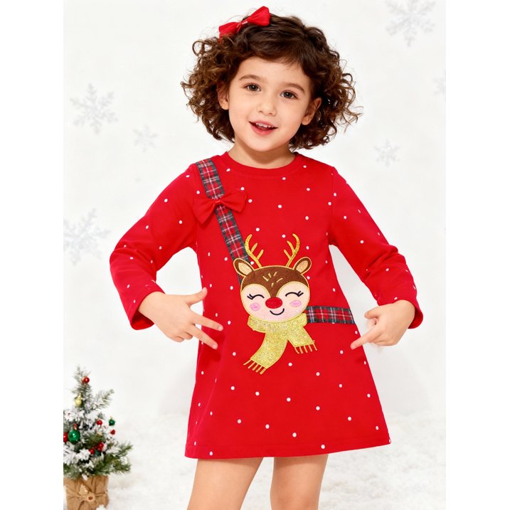 HILEELANG Toddler Girls Christmas Long Sleeve Dress Cotton Casual Red Elk Embroidery Jersey Shirt Fall Winter Holiday Playwear Dresses