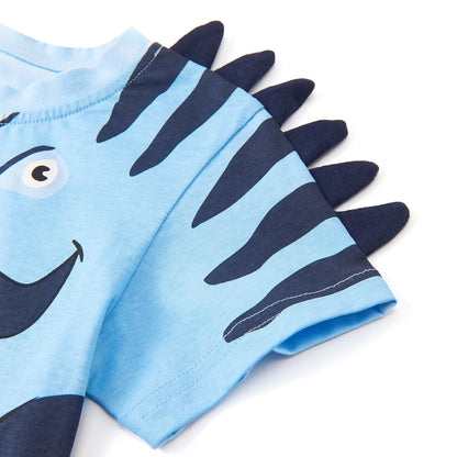 HILEELANG Toddler Dino Themed Cotton Short Sets - Blue Dinosaur Tee with Plaid Shorts for 18M-8Years