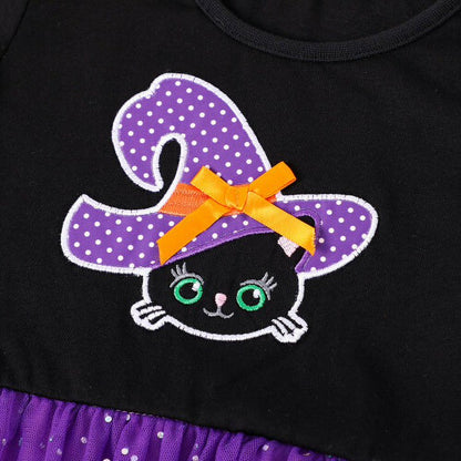 HILEELANG Toddler Girl Hallowen 2-8years old Dress Novelty Long Sleeve Black Cat Applique Purple Tulle Tutu Outfits With Witch Hat