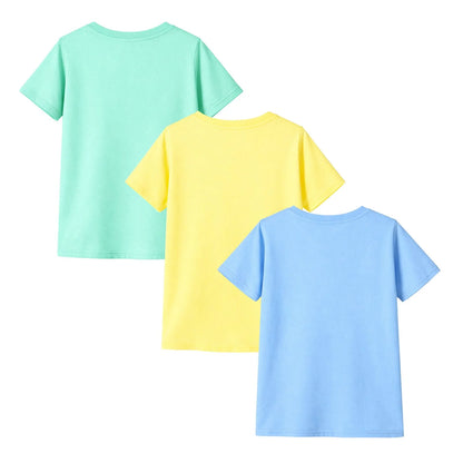 HILEELANG 4-13 Little/Big Boys Light Blue/Yellow/Mint Team Crew Camp 100% Cotton 3-Pack Short Sleeve T-Shirt