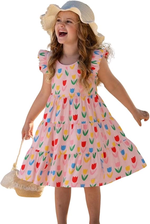 HILEELANG Girls Cotton Tiered Dress Flutter Ruffle Sleeve Summer Swing Sundress Birthday Party Casual Outfit Colorblock