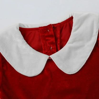 HILEELANG Toddler Girl Christmas Red Velvet Dress Long Sleeve Peter Pan Collar Elk Applique Party Dress with Hair Band