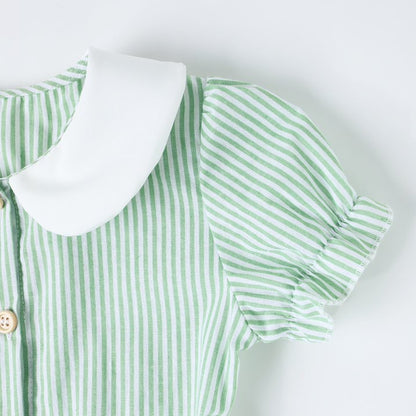 ILEELANG 2-7T Toddler/Little Girls Light Green White Stripe 100% Cotton Dress