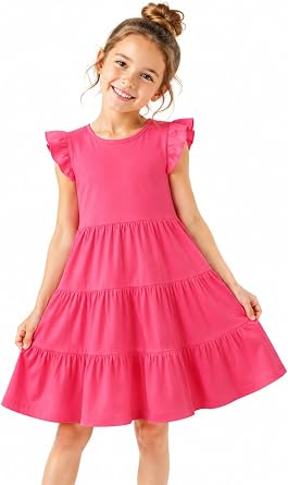 HILEELANG Girls Cotton Tiered Dress Flutter Ruffle Sleeve Summer Swing Sundress Birthday Party Casual Outfit Colorblock
