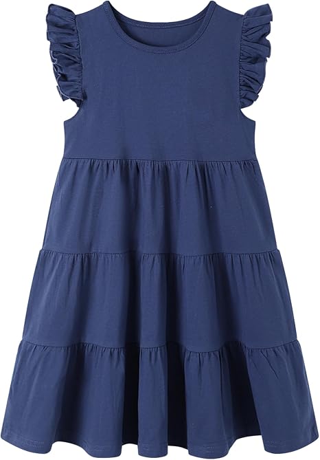HILEELANG Girls Cotton Tiered Dress Flutter Ruffle Sleeve Summer Swing Sundress Birthday Party Casual Outfit Colorblock