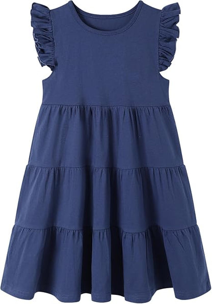 HILEELANG Girls Cotton Tiered Dress Flutter Ruffle Sleeve Summer Swing Sundress Birthday Party Casual Outfit Colorblock