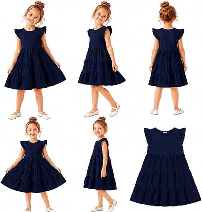 HILEELANG Girls Cotton Tiered Dress Flutter Ruffle Sleeve Summer Swing Sundress Birthday Party Casual Outfit Colorblock