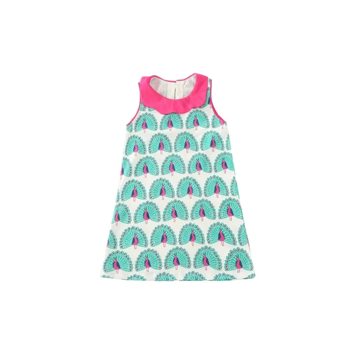 HILEELANG Toddler Girls Cotton Dress Sleeveless Casual Summer Striped Basic Shirt Green Peacock Pattern Jumpskirt Playwear