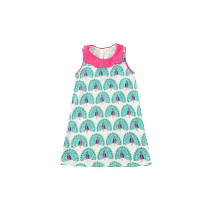 HILEELANG Toddler Girls Cotton Dress Sleeveless Casual Summer Striped Basic Shirt Green Peacock Pattern Jumpskirt Playwear