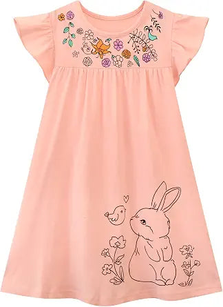 HILEELANG Girls Cotton Tiered Dress Flutter Ruffle Sleeve Summer Swing Sundress Birthday Party Casual Outfit Colorblock