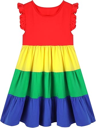 HILEELANG Girls Cotton Tiered Dress Flutter Ruffle Sleeve Summer Swing Sundress Birthday Party Casual Outfit Colorblock