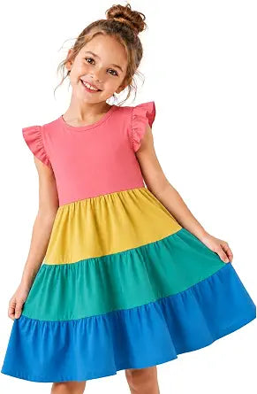 HILEELANG Girls Cotton Tiered Dress Flutter Ruffle Sleeve Summer Swing Sundress Birthday Party Casual Outfit Colorblock