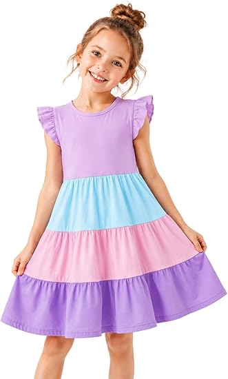 HILEELANG Girls Cotton Tiered Dress Flutter Ruffle Sleeve Summer Swing Sundress Birthday Party Casual Outfit Colorblock