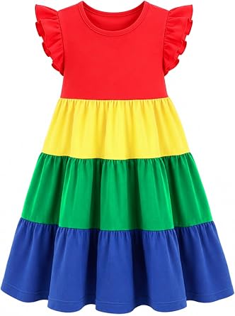 HILEELANG Girls Cotton Tiered Dress Flutter Ruffle Sleeve Summer Swing Sundress Birthday Party Casual Outfit Colorblock