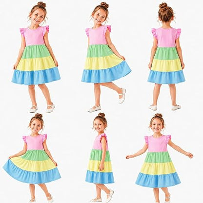 HILEELANG Girls Cotton Tiered Dress Flutter Ruffle Sleeve Summer Swing Sundress Birthday Party Casual Outfit Colorblock