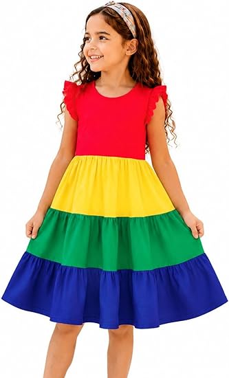 HILEELANG Girls Cotton Tiered Dress Flutter Ruffle Sleeve Summer Swing Sundress Birthday Party Casual Outfit Colorblock