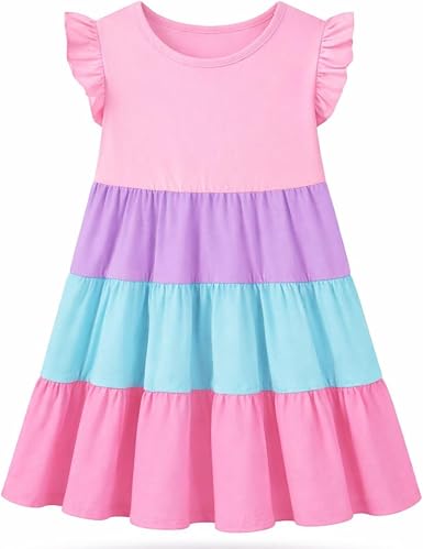 HILEELANG Girls Cotton Tiered Dress Flutter Ruffle Sleeve Summer Swing Sundress Birthday Party Casual Outfit Colorblock