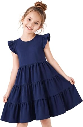 HILEELANG Girls Cotton Tiered Dress Flutter Ruffle Sleeve Summer Swing Sundress Birthday Party Casual Outfit Colorblock