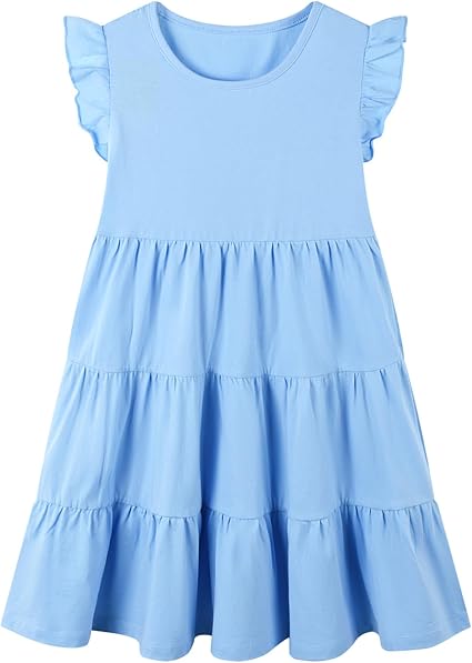 HILEELANG Girls Cotton Tiered Dress Flutter Ruffle Sleeve Summer Swing Sundress Birthday Party Casual Outfit Colorblock
