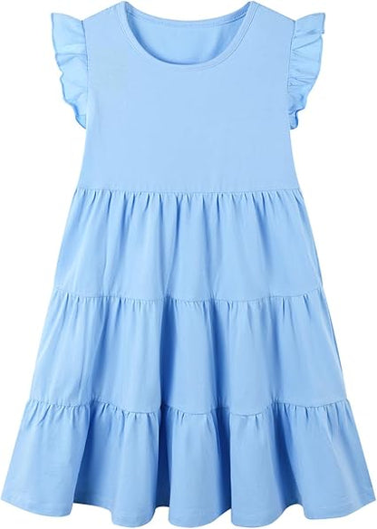 HILEELANG Girls Cotton Tiered Dress Flutter Ruffle Sleeve Summer Swing Sundress Birthday Party Casual Outfit Colorblock