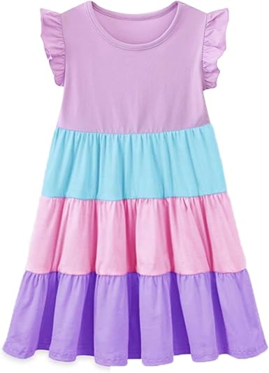 HILEELANG Girls Cotton Tiered Dress Flutter Ruffle Sleeve Summer Swing Sundress Birthday Party Casual Outfit Colorblock