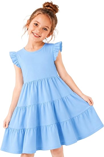 HILEELANG Girls Cotton Tiered Dress Flutter Ruffle Sleeve Summer Swing Sundress Birthday Party Casual Outfit Colorblock