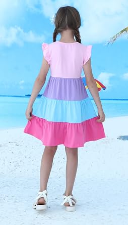 HILEELANG Girls Cotton Tiered Dress Flutter Ruffle Sleeve Summer Swing Sundress Birthday Party Casual Outfit Colorblock