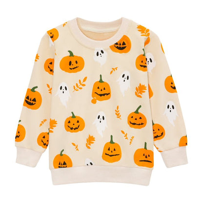 HILEELANG Toddler(18M-7T) Halloween Sweatshirt – 100% Cotton Pullover with Pumpkin Ghost and Leaf Print, Beige Fall Crewneck for Boys Girls