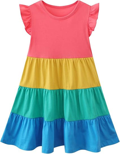 HILEELANG Girls Cotton Tiered Dress Flutter Ruffle Sleeve Summer Swing Sundress Birthday Party Casual Outfit Colorblock