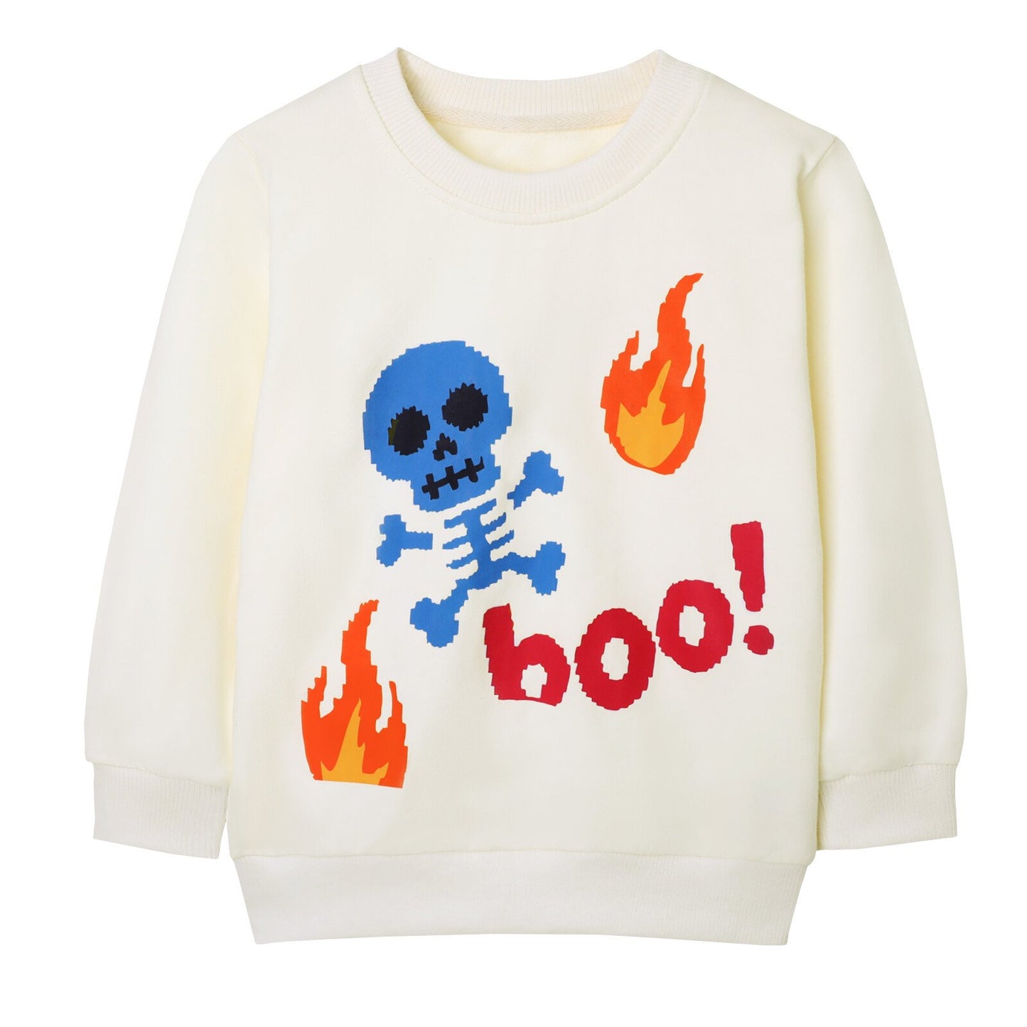 HILEELANG Toddler(18M-7T) Halloween Sweatshirt – 100% Cotton Pullover with Skeleton BOO Print, White Fall Crewneck for Boys Girls