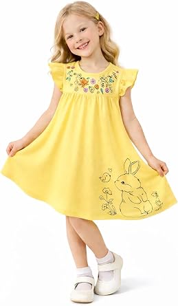 HILEELANG Girls Cotton Tiered Dress Flutter Ruffle Sleeve Summer Swing Sundress Birthday Party Casual Outfit Colorblock