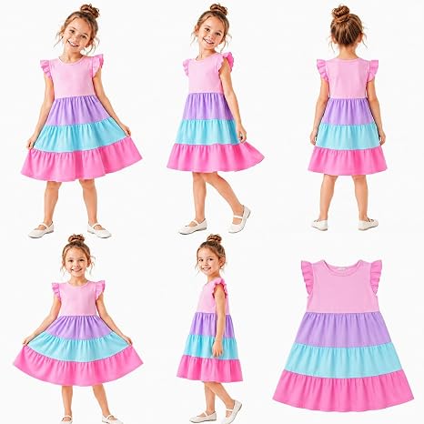 HILEELANG Girls Cotton Tiered Dress Flutter Ruffle Sleeve Summer Swing Sundress Birthday Party Casual Outfit Colorblock