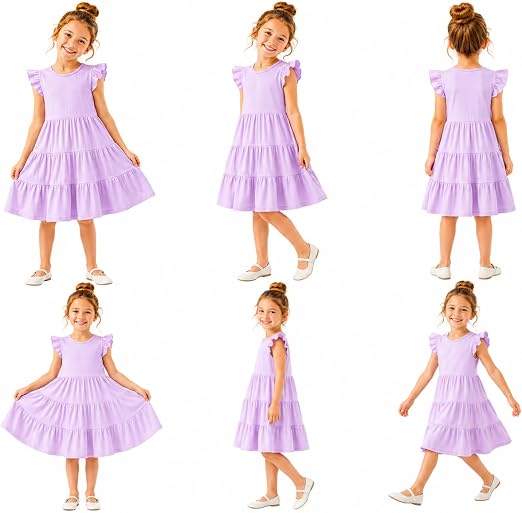 HILEELANG Girls Cotton Tiered Dress Flutter Ruffle Sleeve Summer Swing Sundress Birthday Party Casual Outfit Colorblock