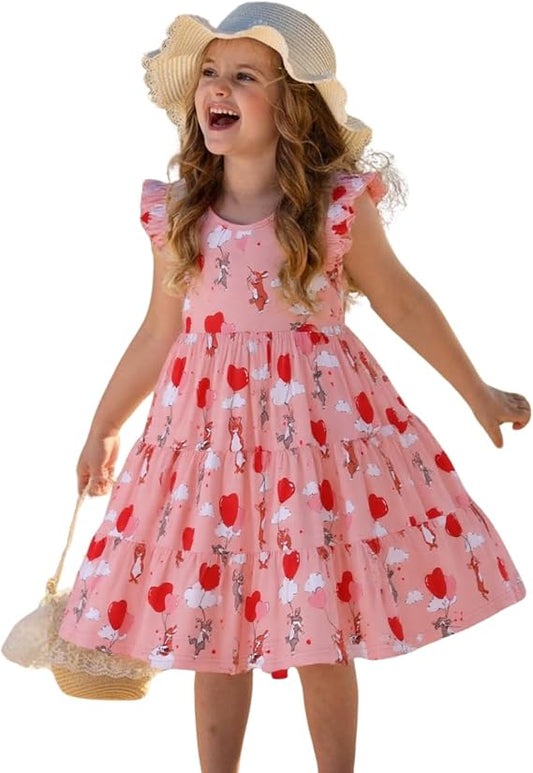 HILEELANG Girls Cotton Tiered Dress Flutter Ruffle Sleeve Summer Swing Sundress Birthday Party Casual Outfit Colorblock