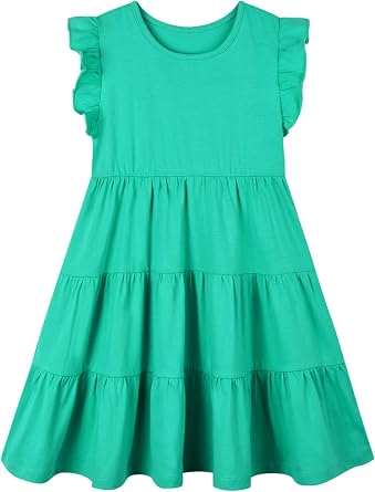 HILEELANG Girls Cotton Tiered Dress Flutter Ruffle Sleeve Summer Swing Sundress Birthday Party Casual Outfit Colorblock