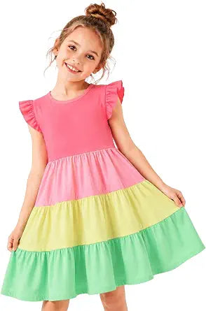 HILEELANG Girls Cotton Tiered Dress Flutter Ruffle Sleeve Summer Swing Sundress Birthday Party Casual Outfit Colorblock
